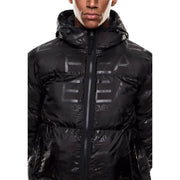 Black ea7 emporio armani puffer jacket with camouflage pattern and hood.