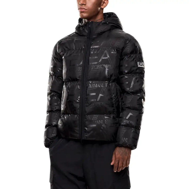 Black ea7 emporio armani down jacket with hood and logo print.