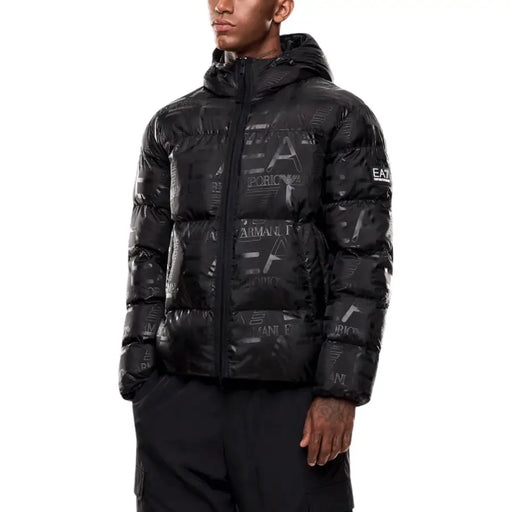 Black ea7 emporio armani down jacket with hood and logo print.