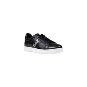 Ea7 black leather men’s sneakers with white rubber sole and contrasting logo on the side