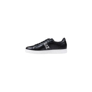 Ea7 black leather men’s sneaker with white rubber sole and logo branding on the side