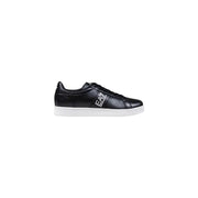 EA7 black leather men’s sneaker with white rubber sole and logo branding on the side