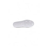 White rubber sole with textured grid and circular traction on ea7 black leather slip on sneakers for men