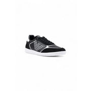 Ea7 black leather slip on sneakers for men featuring black and white suede upper with stitched detailing and eagle logo