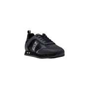 Black ea7 sneaker with mesh upper and rubber sole, featuring a logo on the side.