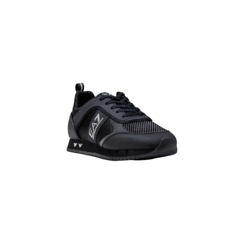 Black ea7 sneaker with mesh upper and rubber sole, featuring a logo on the side.