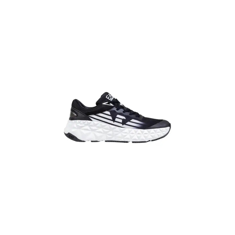 Black and white running shoe with a cushioned sole, designed for comfort and support.