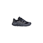 Black asics running shoe with textured sole and logo design.
