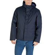 Navy blue waterproof jacket with hood and zipper details.