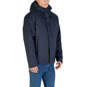 Navy blue hooded jacket with zipper and pockets, possibly by tommy hilfiger.