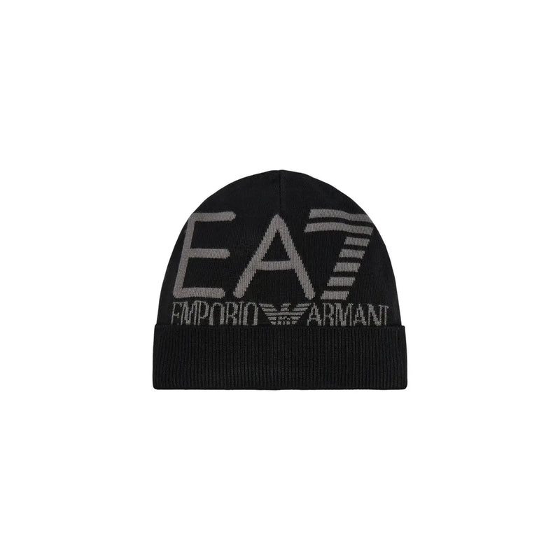 Ea7 Schwarze Strickmütze für Herren mit grauem Emporio Armani EA7-Logo, Vorderansicht