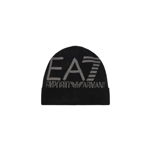 Ea7 Schwarze Strickmütze für Herren mit grauem Emporio Armani EA7-Logo, Vorderansicht