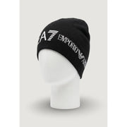 Ea7 Schwarze Strickmütze für Herren mit weißem, gesticktem ea7 Emporio Armani Logo, Vorderansicht