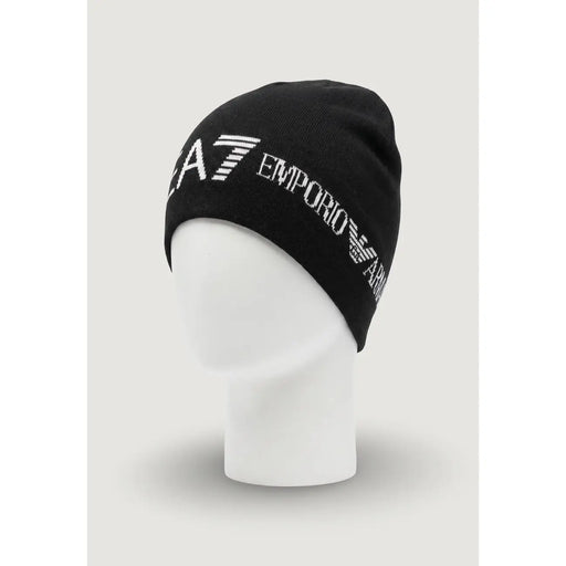 Ea7 Schwarze Strickmütze für Herren mit weißem, gesticktem ea7 Emporio Armani Logo, Vorderansicht