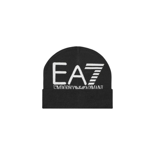 Emporio Armani Strickmütze EA7 für Herren in Schwarz mit weißem Logo und Emporio Armani Stickerei, Vorderansicht