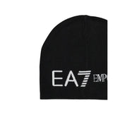 EA7 schwarze Strickmütze für Herren mit weißem, gesticktem EA7 Emporio Armani Logo auf der Vorderseite