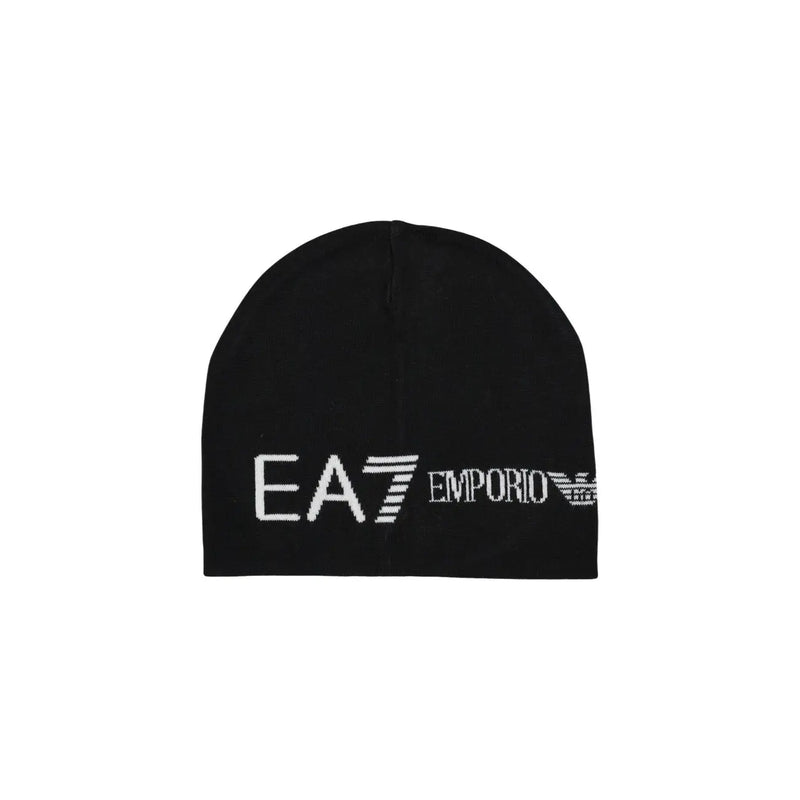 EA7 Strickmütze für Herren in Schwarz mit weißem, gesticktem EA7 Emporio Armani Logo, Vorderansicht
