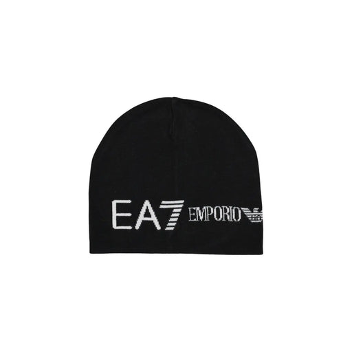 EA7 Strickmütze für Herren in Schwarz mit weißem, gesticktem EA7 Emporio Armani Logo, Vorderansicht