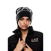 Ea7 Schwarze Strickmütze für Herren mit weißem, gesticktem ea7-Logo, Vorderansicht