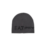 Ea7 Strickmütze für Herren in Dunkelgrau mit schwarzem, gesticktem Logo, Vorderansicht