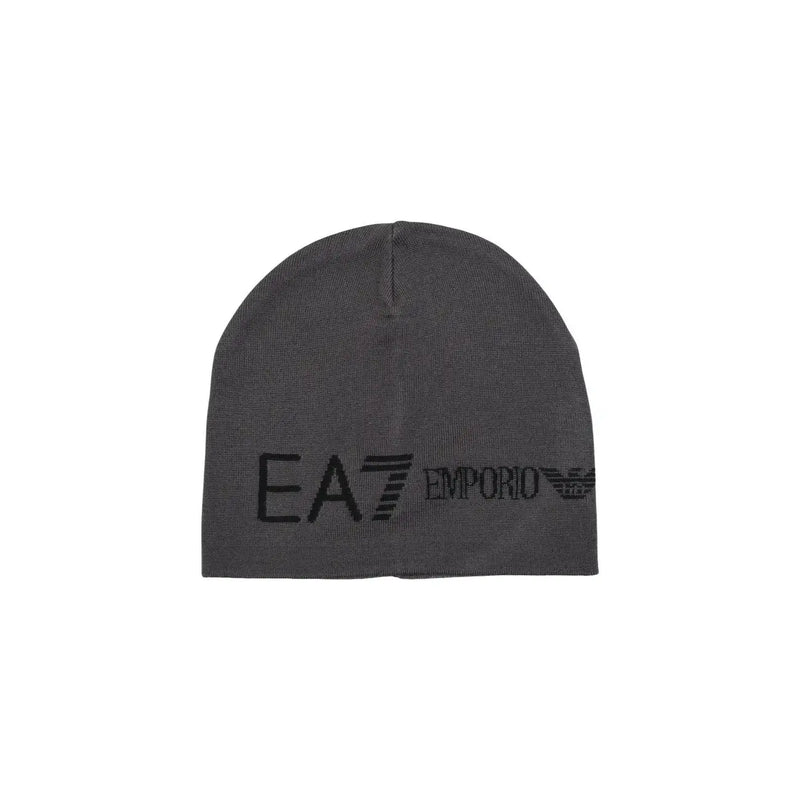 Ea7 Strickmütze für Herren in Dunkelgrau mit schwarzem, gesticktem Logo, Vorderansicht