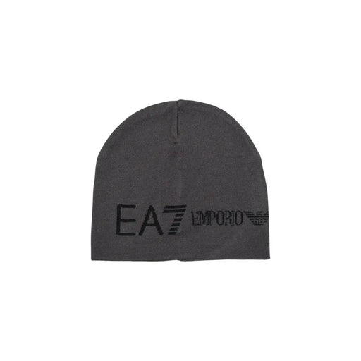 Ea7 Strickmütze für Herren in Dunkelgrau mit schwarzem, gesticktem Logo, Vorderansicht