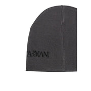Ea7 Strickmütze für Herren in Dunkelgrau mit Armani-Stickerei an der Seite, Seitenansicht