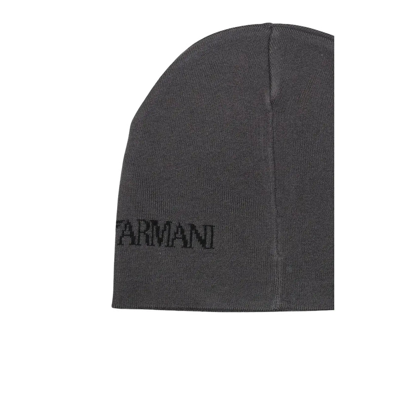 Ea7 Strickmütze für Herren in Dunkelgrau mit Armani-Stickerei an der Seite, Seitenansicht