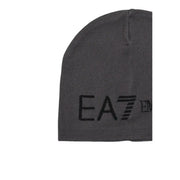 EA7-Kappe für Herren aus dunkelgrauem Strickmaterial mit schwarzem, gesticktem Logo, Vorderansicht