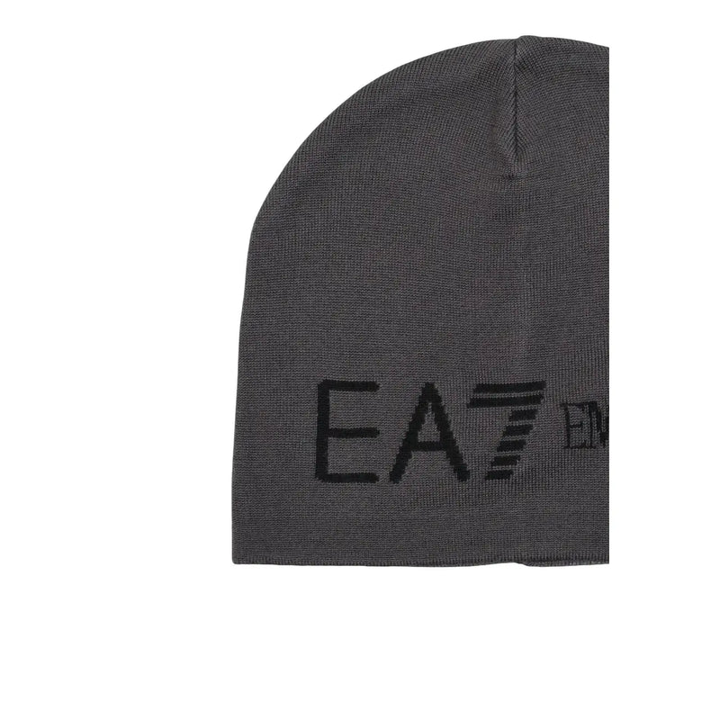 EA7-Kappe für Herren aus dunkelgrauem Strickmaterial mit schwarzem, gesticktem Logo, Vorderansicht
