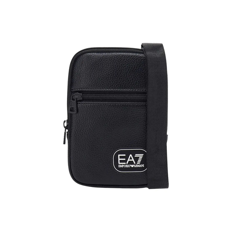 Ea7 Schwarze Umhängetasche für Damen aus genarbtem Leder mit weißem Logo-Patch und verstellbarem Riemen, Vorderansicht