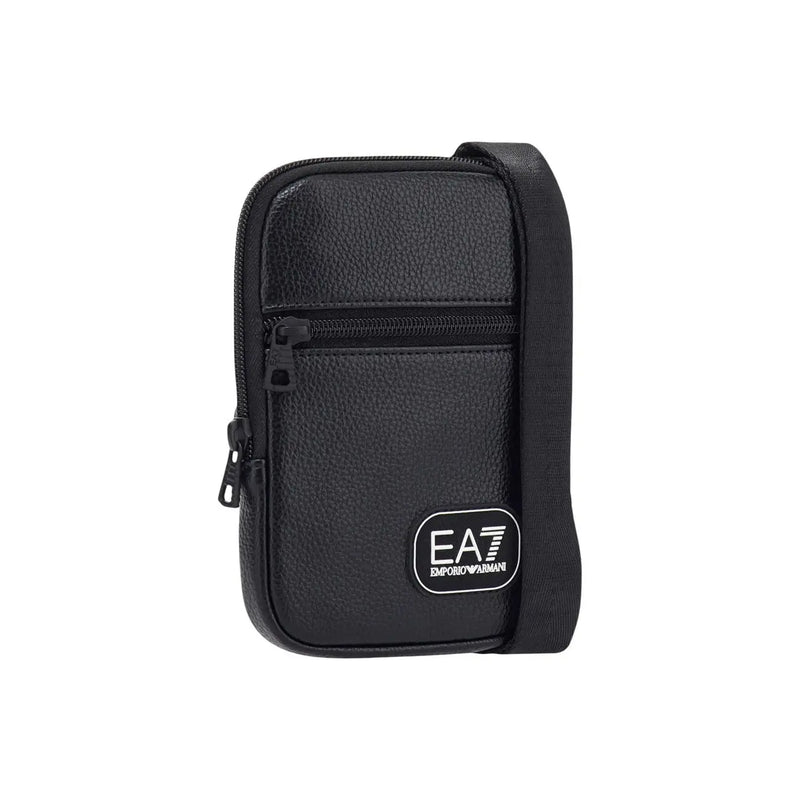 Ea7 Schwarze Umhängetasche für Damen aus genarbtem Leder mit weißem Logo-Patch und verstellbarem Riemen, Vorderansicht