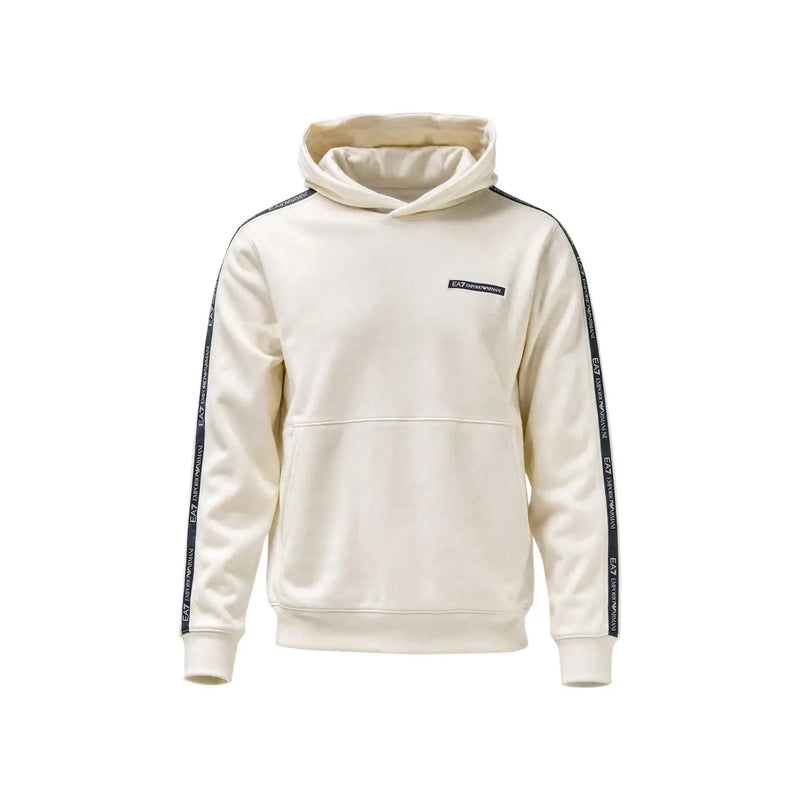 Ea7 Beigefarbener Herren-Hoodie aus Baumwolle mit cremefarbenen und schwarzen EA7 Emporio Armani Branding-Streifen an den Ärmeln