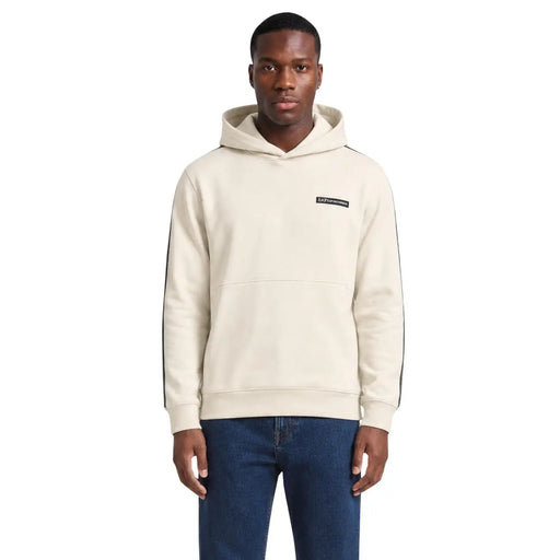 EA7 Herren-Hoodie aus beigefarbener Baumwolle mit cremefarbenen, schwarzen Seitenstreifen und kleinem rechteckigem Logo-Patch auf der Brust
