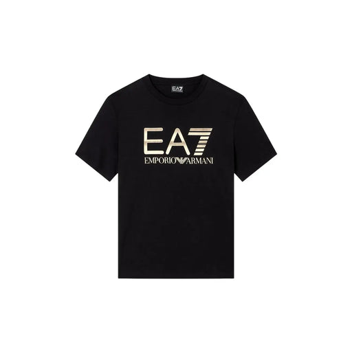 Black short-sleeved cotton t-shirt for men featuring a prominent gold ea7 emporio armani logo across the chest