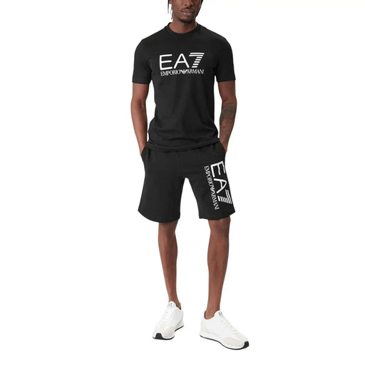 Black ea7 emporio armani men t-shirt and matching shorts with white logo in short-sleeved cotton fabric