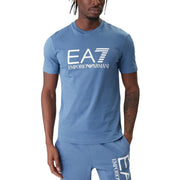 Blue Ea7 Emporio Armani men t-shirt with white logo and lettering, comfortable cotton fabric for casual wear