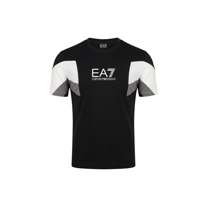 Black ea7 emporio armani men t-shirt with white and gray geometric panel accents on the sleeves