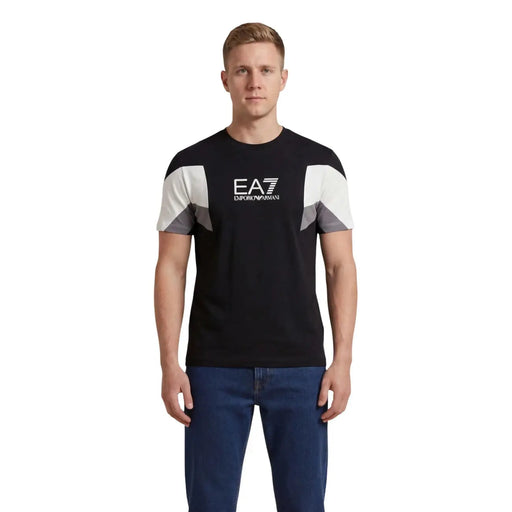 Black ea7 emporio armani men t-shirt with white and gray geometric panel accents on the sleeves