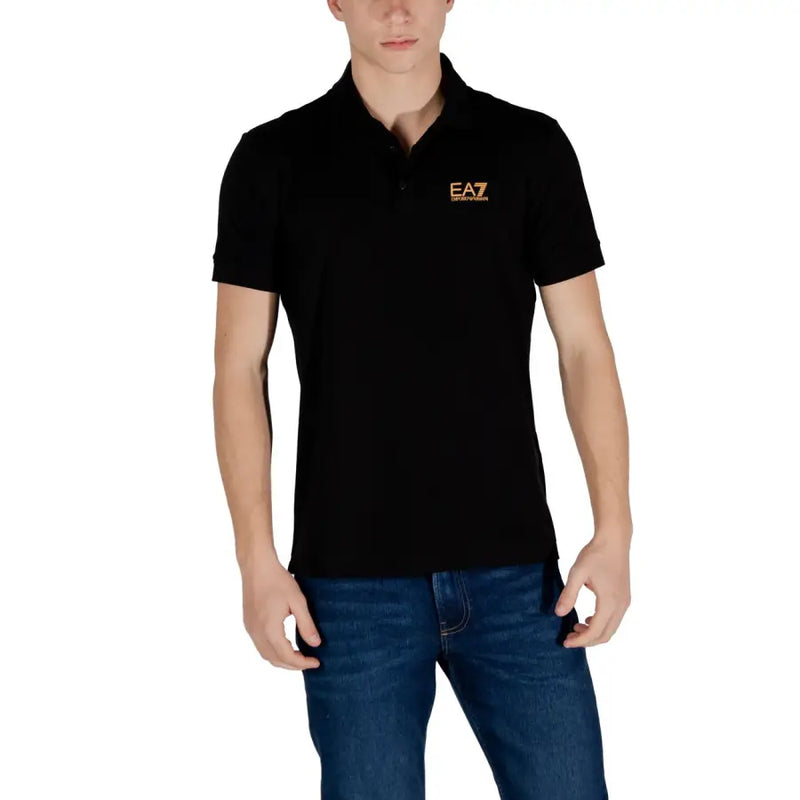 Ea7 Schwarzes Herren-Poloshirt mit kurzen Ärmeln und dezentem orangefarbenem Logo auf der Brust aus atmungsaktivem Baumwollgewebe