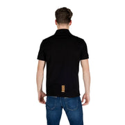 Ea7 Schwarzes Herren-Poloshirt mit kurzen Ärmeln, das die Rückseite mit dezenten vertikalen Streifen im unteren Rückenbereich zeigt.
