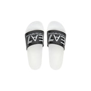 Ea7 Schwarze PVC-Herrenpantoffeln mit weißen Emporio Armani Slide-Sandalen mit schwarzem Riemen und weißem Logo-Schriftzug