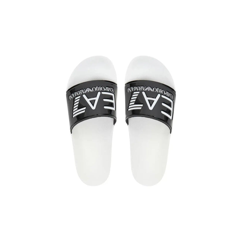 Ea7 Schwarze PVC-Herrenpantoffeln mit weißen Emporio Armani Slide-Sandalen mit schwarzem Riemen und weißem Logo-Schriftzug