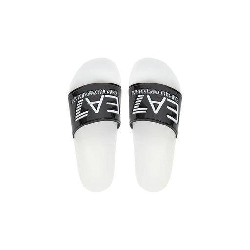 Ea7 Schwarze PVC-Herrenpantoffeln mit weißen Emporio Armani Slide-Sandalen mit schwarzem Riemen und weißem Logo-Schriftzug
