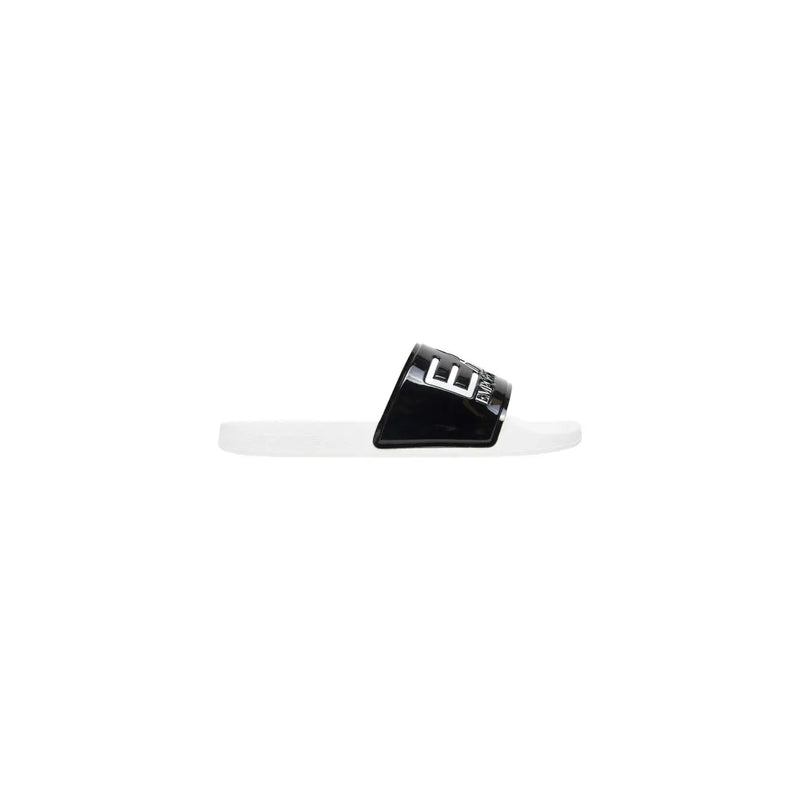 EA7 Herren-Pantolette aus schwarzem PVC mit glänzend schwarzem Riemen und silbernem Emporio Armani Logo für lässige Sommerkleidung