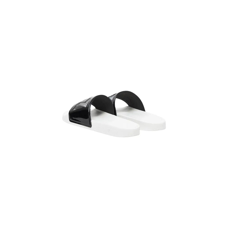 Ea7 Schwarze PVC-Herrenpantoffeln, lässige Sommerschuhe mit weißen und schwarzen Sandalen und glänzend schwarzem Riemen mit silbernen Details