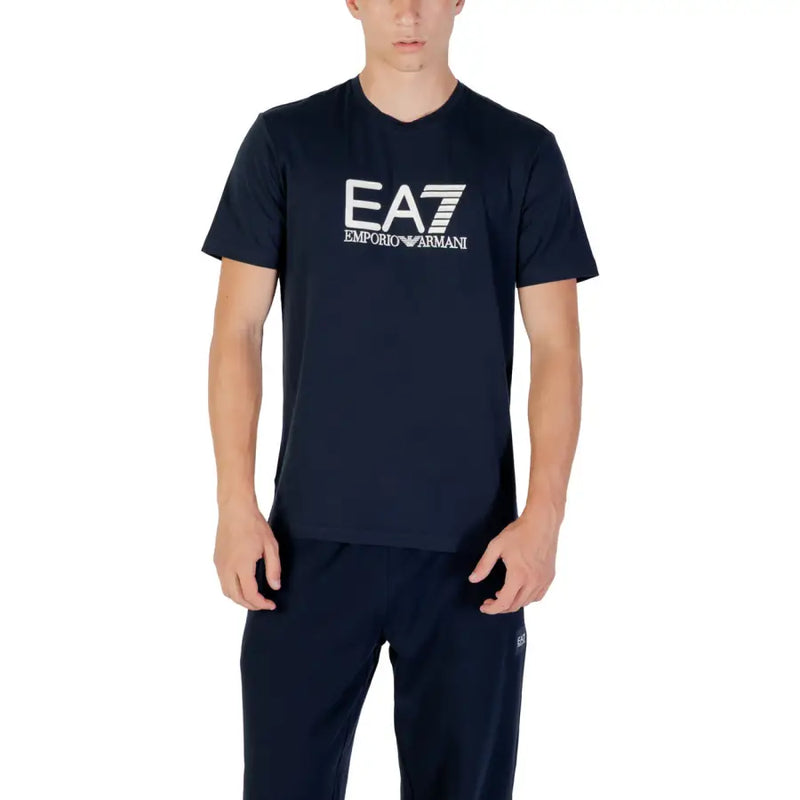 Men’s navy blue T-shirt and sweatpants set shown with Ea7 Men Black Round Neck T Shirt