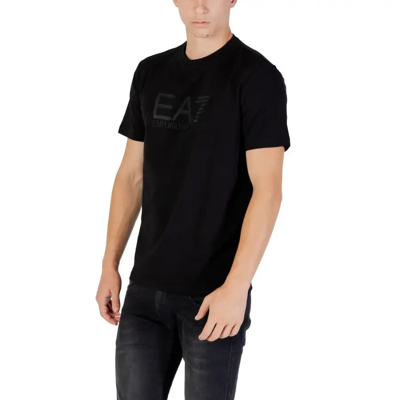 Men’s black crew neck T shirt with tonal logo print on chest from Ea7 Men collection