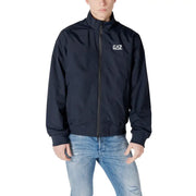 Ea7 Herrenblazer, blauer Polyamid-Rollkragenpullover in Dunkelblau mit durchgehendem Reißverschluss und weißem Brustlogo