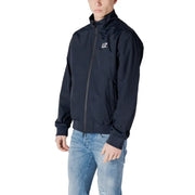 Ea7 Herrenblazer, blau, mit Reißverschluss, Rollkragen, Polyamidjacke in Schwarz mit dezentem weißen Logo auf der linken Brust